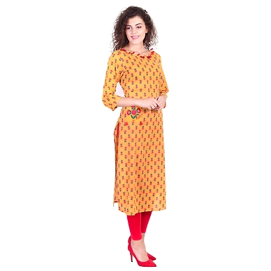 Vihaan Impex Jaipuri Designer  Tunic Long Cotton A-Line Women Dress Partywear Kurti for Women-M- Yellow-2