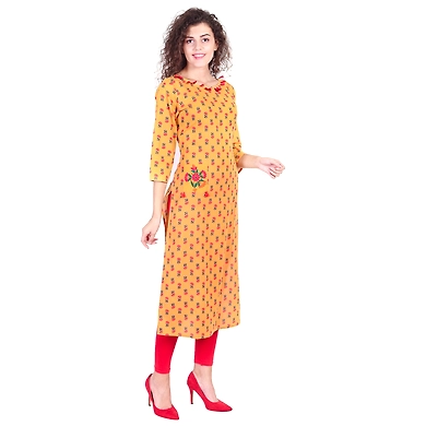 Vihaan Impex Jaipuri Designer  Tunic Long Cotton A-Line Women Dress Partywear Kurti for Women-L- Yellow-1