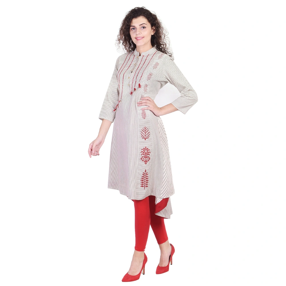 Vihaan Impex Jaipuri Designer  Tunic Long Cotton Slub A- Line Women Dress Partywear Kurti for Women-M-Off-White-2