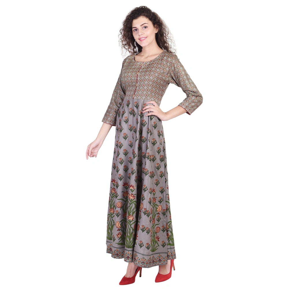 Vihaan Impex Jaipuri Designer  Tunic Long Rayon Anarkali Women Dress Partywear Kurti for Women-Beige-M-2