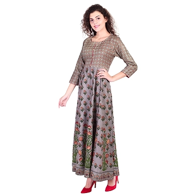 Vihaan Impex Jaipuri Designer  Tunic Long Rayon Anarkali Women Dress Partywear Kurti for Women-XL-Beige-2