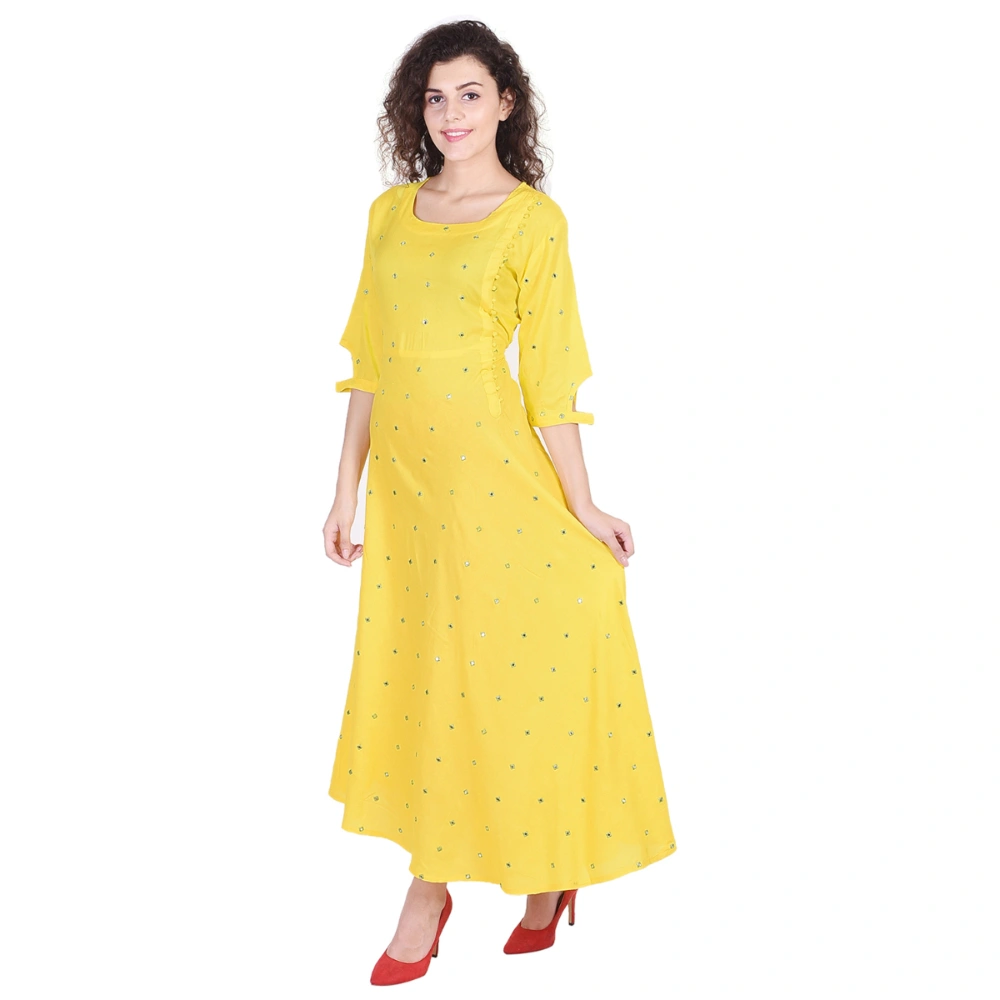 Vihaan Impex Jaipuri Designer  Tunic Long Rayon Anarkali Women Dress Partywear Kurti for Women-M- Yellow-1