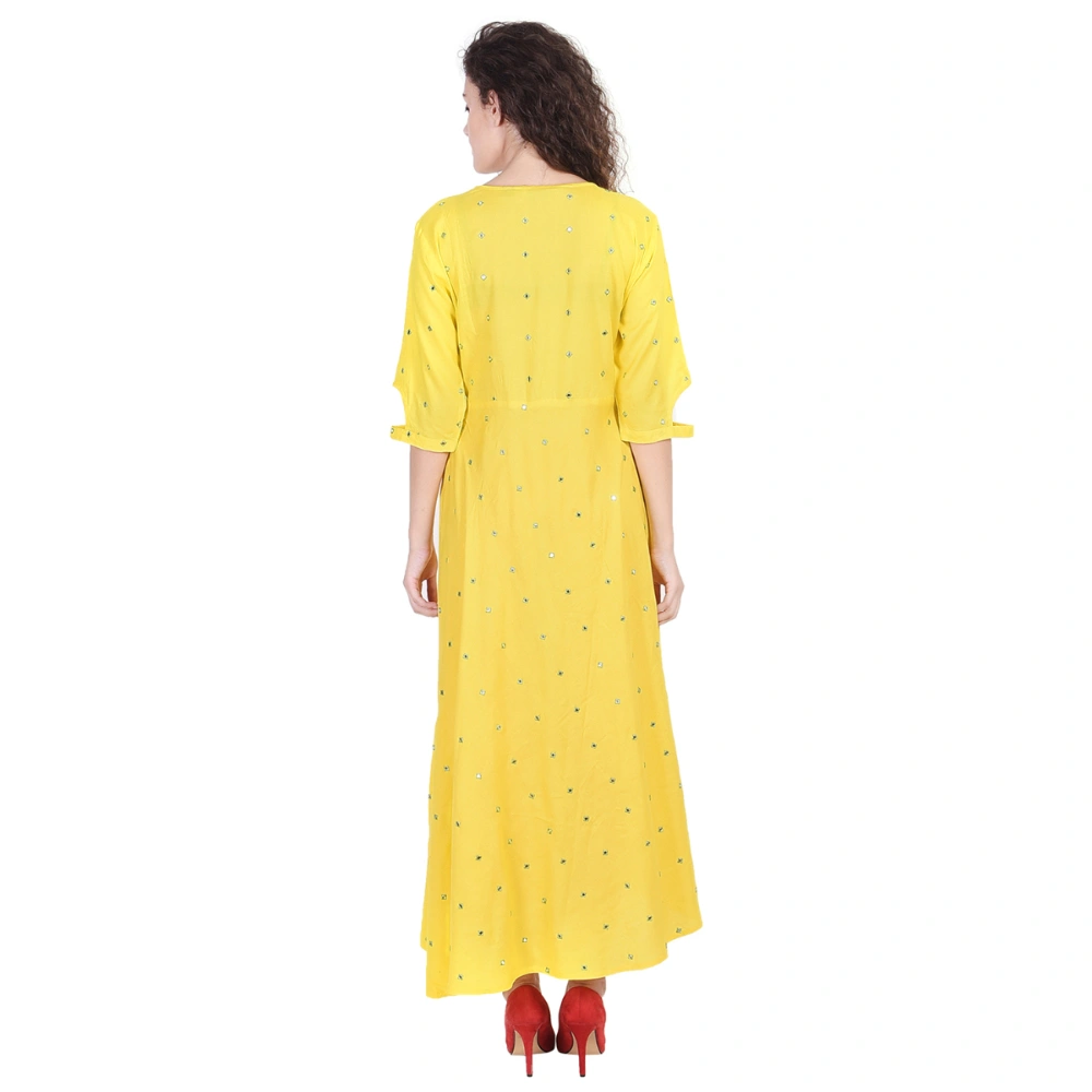 Vihaan Impex Jaipuri Designer  Tunic Long Rayon Anarkali Women Dress Partywear Kurti for Women-M- Yellow-2