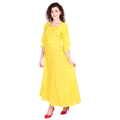 Vihaan Impex Jaipuri Designer  Tunic Long Rayon Anarkali Women Dress Partywear Kurti for Women-XL- Yellow-1