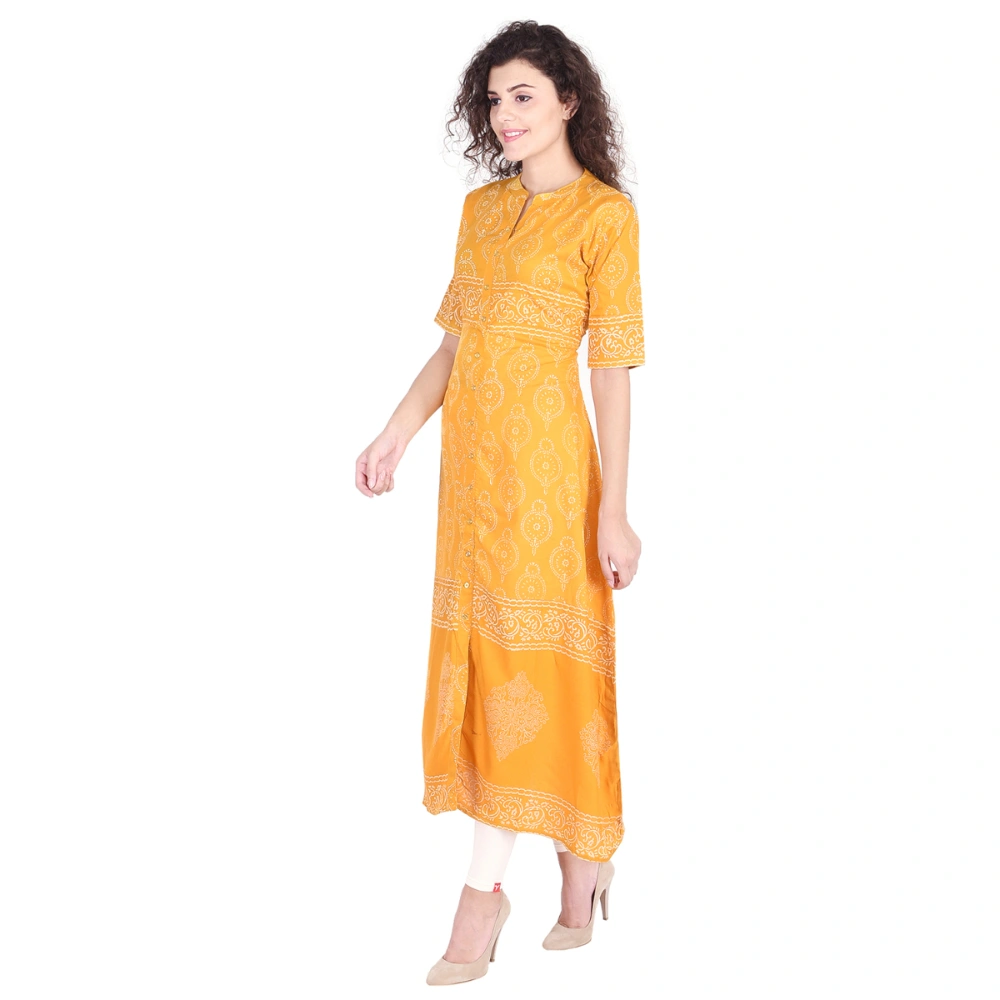 Vihaan Impex Jaipuri Designer  Tunic Long Rayon Block Print Women Dress Partywear Kurti for Women-M- Yellow-2