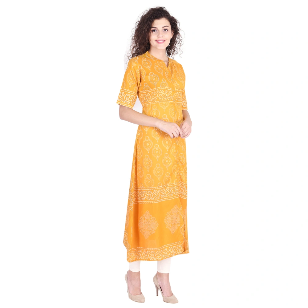 Vihaan Impex Jaipuri Designer  Tunic Long Rayon Block Print Women Dress Partywear Kurti for Women-XL- Yellow-1