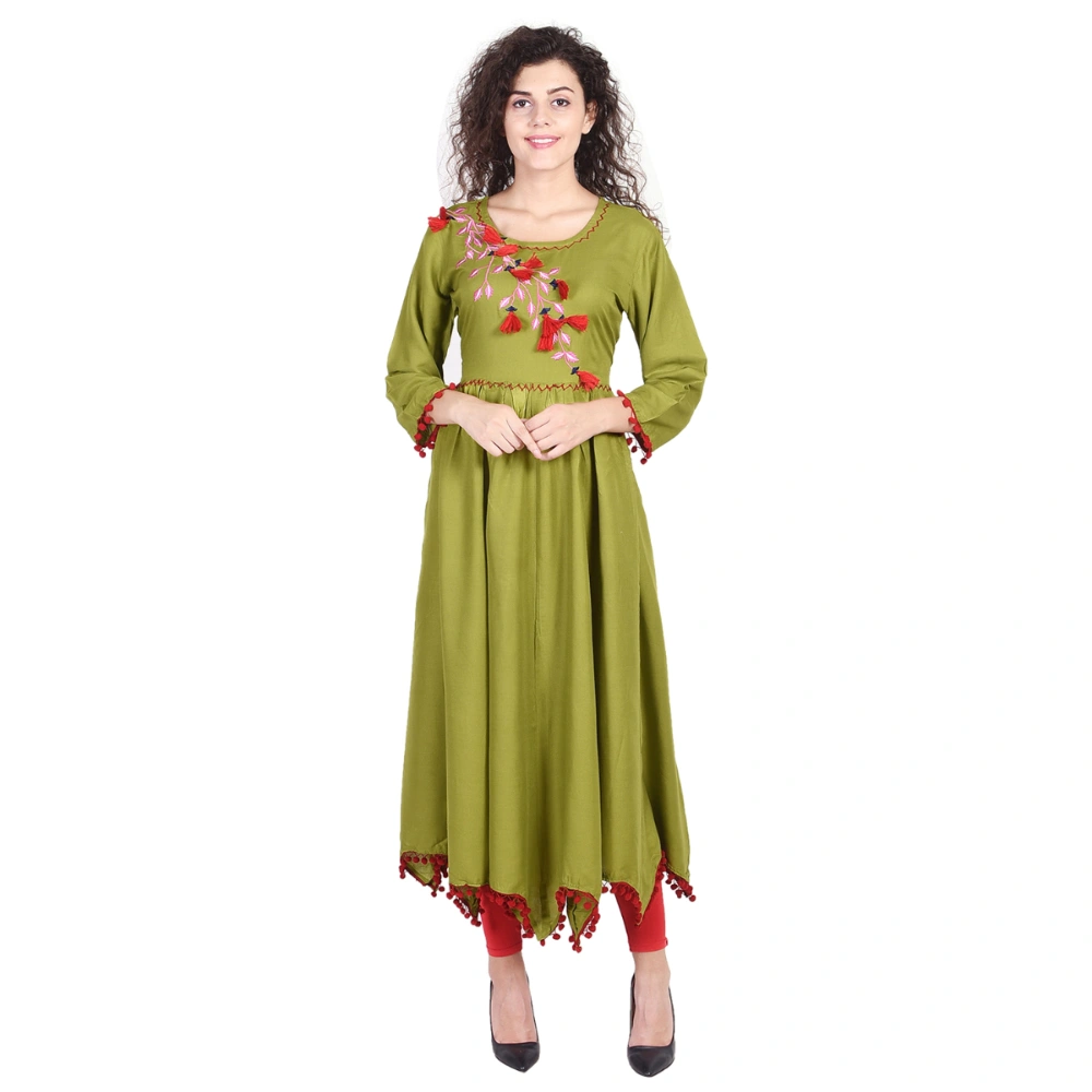 Vihaan Impex Jaipuri Designer  Tunic Long Rayon Anarkali Women Dress Partywear Kurti for Women-M-Green-1