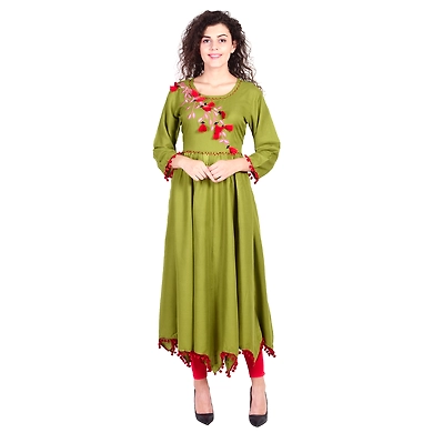 Vihaan Impex Jaipuri Designer  Tunic Long Rayon Anarkali Women Dress Partywear Kurti for Women-M-Green-1