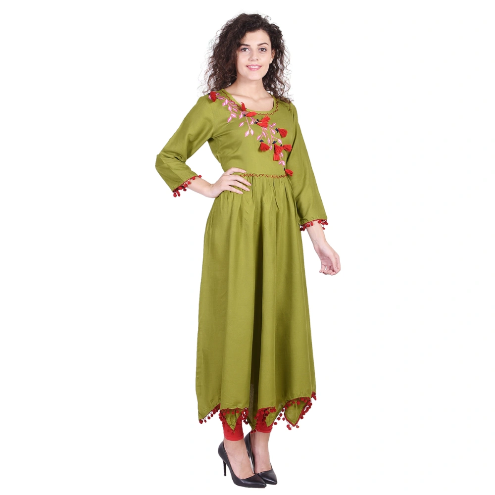 Vihaan Impex Jaipuri Designer  Tunic Long Rayon Anarkali Women Dress Partywear Kurti for Women-M-Green-2