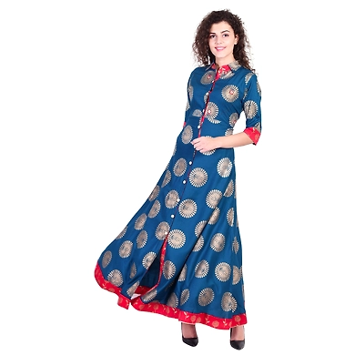 Vihaan Impex Jaipuri Designer  Tunic Long Rayon Women Dress Partywear Kurti for Women-M-Blue-1