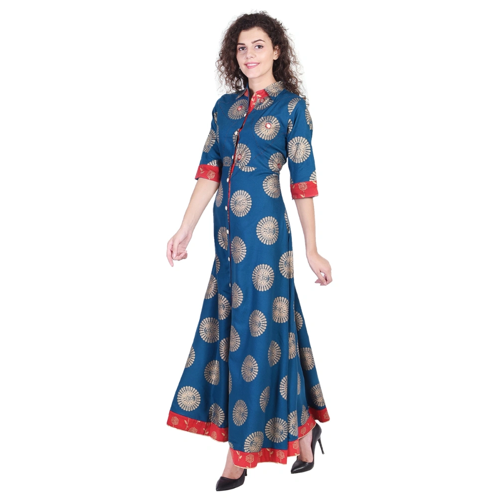 Vihaan Impex Jaipuri Designer  Tunic Long Rayon Women Dress Partywear Kurti for Women-M-Blue-2