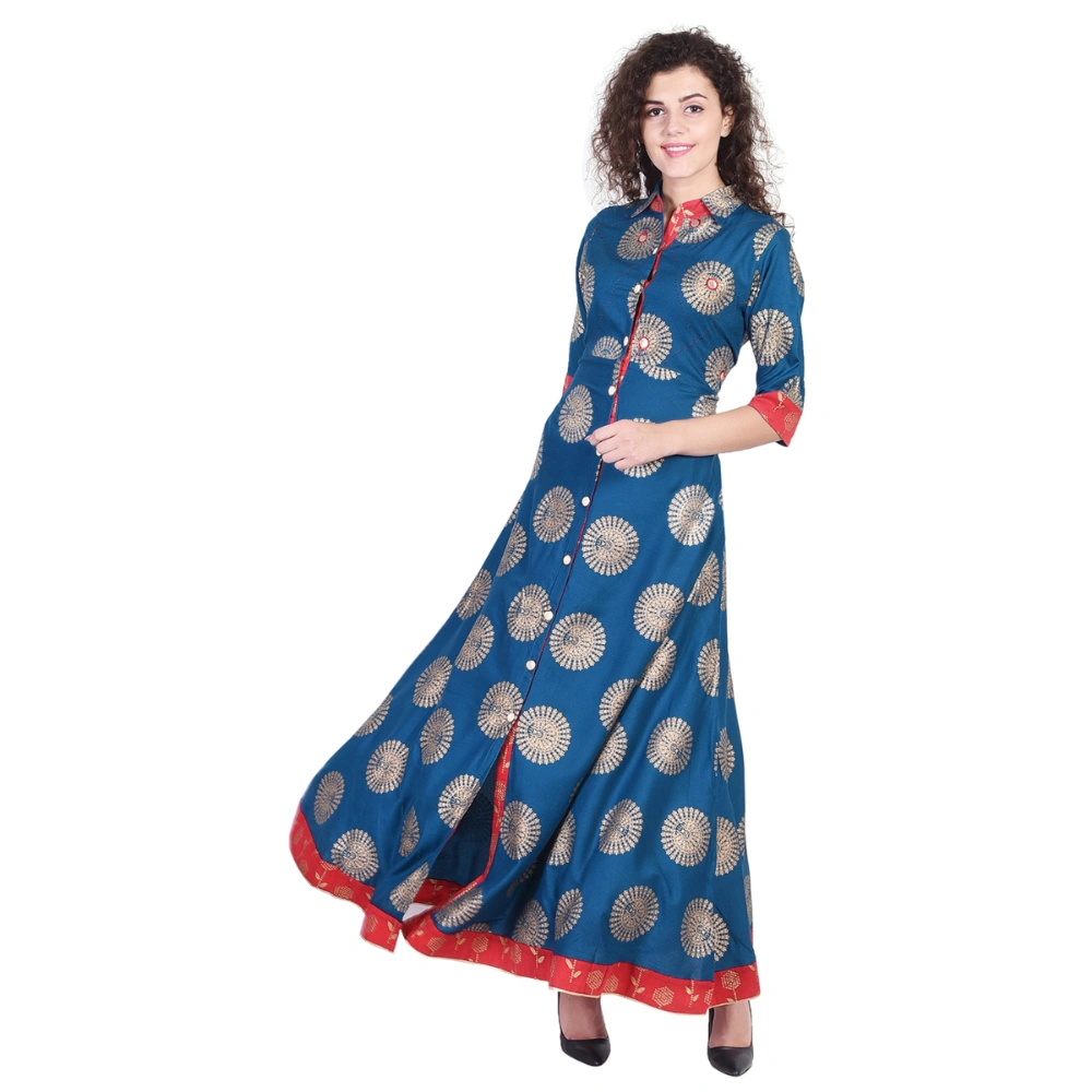 Vihaan Impex Jaipuri Designer  Tunic Long Rayon Women Dress Partywear Kurti for Women-XL-Blue-1