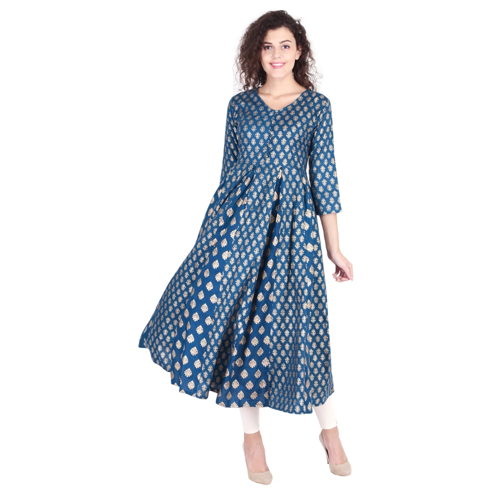 Vihaan Impex Jaipuri Designer  Tunic Long Rayon Anarkali Women Dress Partywear Kurti for Women-M-Blue-1