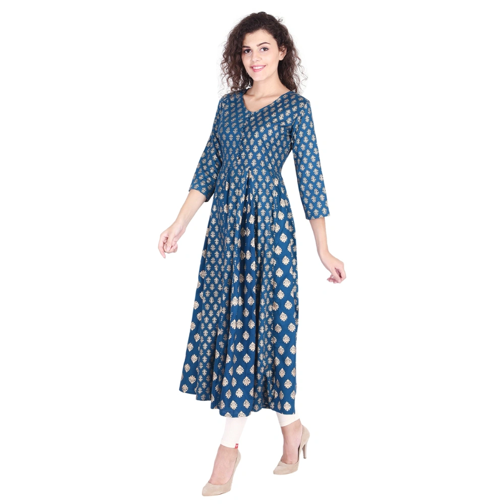 Vihaan Impex Jaipuri Designer  Tunic Long Rayon Anarkali Women Dress Partywear Kurti for Women-M-Blue-2