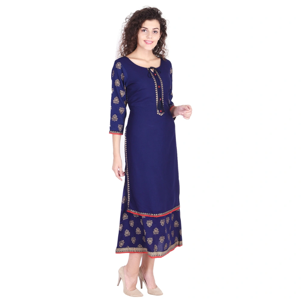 Vihaan Impex Jaipuri Designer  Tunic Long Rayon Double Layered Women Dress Partywear Kurti for Women-Blue-L-1