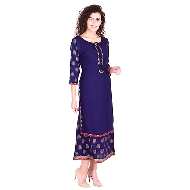 Vihaan Impex Jaipuri Designer  Tunic Long Rayon Double Layered Women Dress Partywear Kurti for Women-Blue-L-1