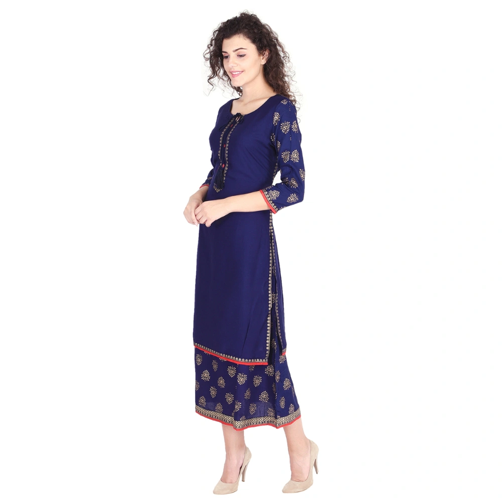 Vihaan Impex Jaipuri Designer  Tunic Long Rayon Double Layered Women Dress Partywear Kurti for Women-XL-Blue-2