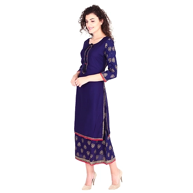 Vihaan Impex Jaipuri Designer  Tunic Long Rayon Double Layered Women Dress Partywear Kurti for Women-Blue-XXL-2