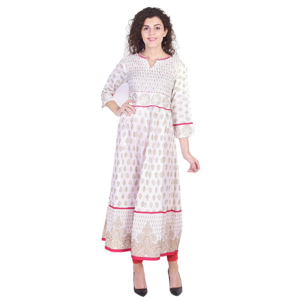 Vihaan Impex Jaipuri Designer  Tunic Long Rayon Anarkali Women Dress Partywear Kurti for Women-M-Off-White-1