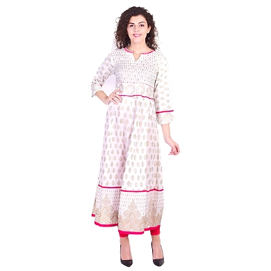 Vihaan Impex Jaipuri Designer  Tunic Long Rayon Anarkali Women Dress Partywear Kurti for Women-M-Off-White-1