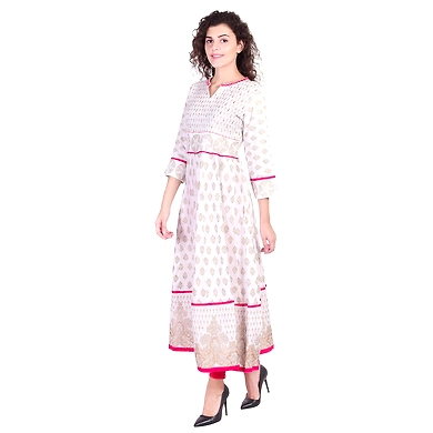 Vihaan Impex Jaipuri Designer  Tunic Long Rayon Anarkali Women Dress Partywear Kurti for Women-M-Off-White-2