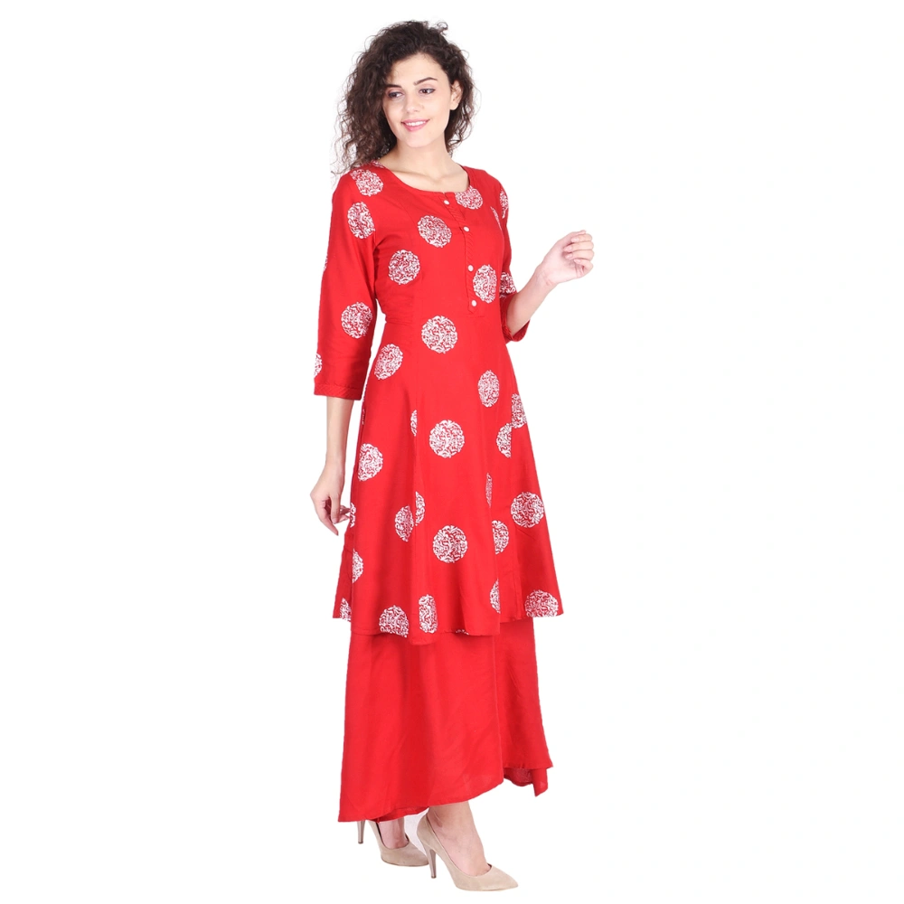 Vihaan Impex Jaipuri Designer  Tunic Long Rayon Double Layered Women Dress Partywear Kurti for Women-Red-M-2