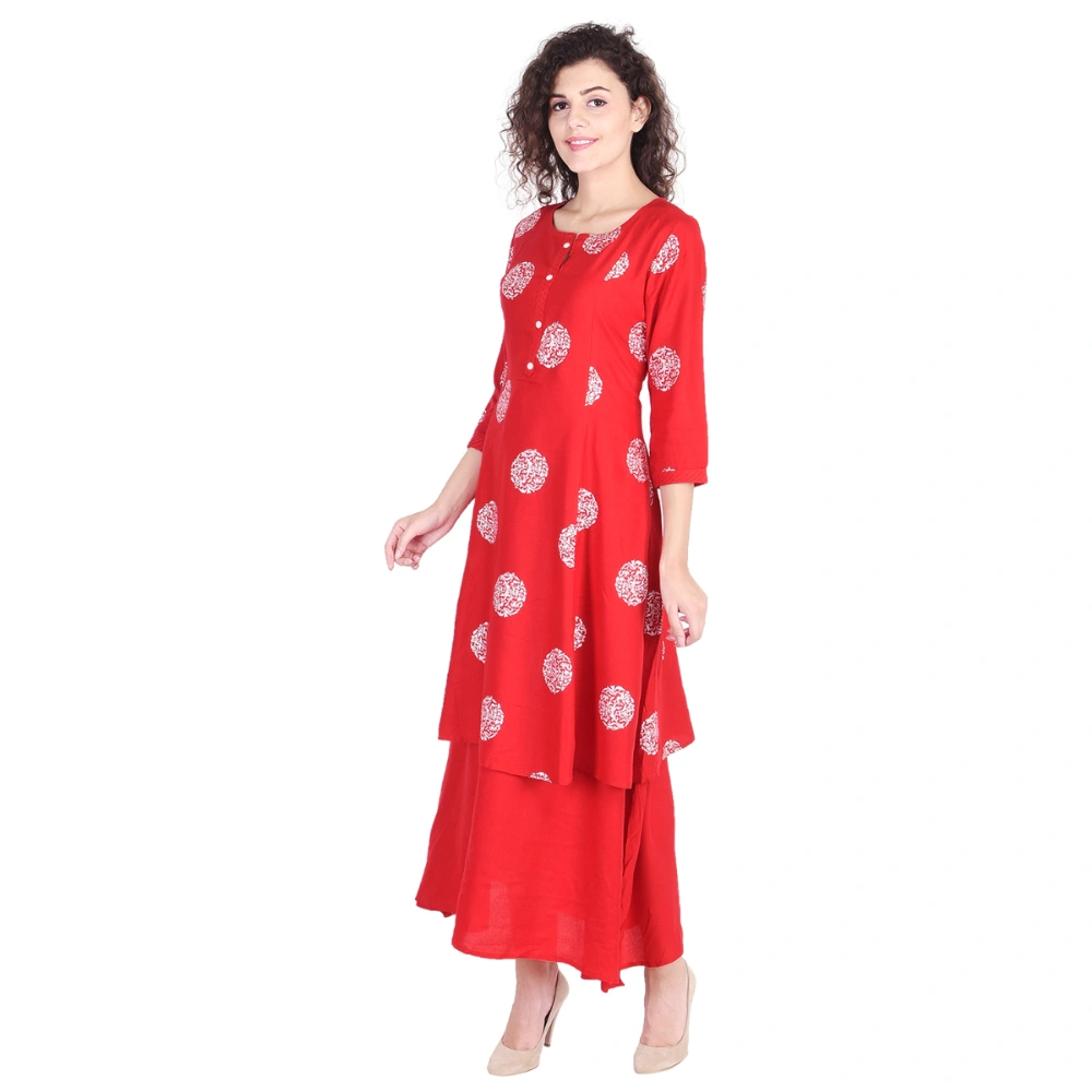 Vihaan Impex Jaipuri Designer  Tunic Long Rayon Double Layered Women Dress Partywear Kurti for Women-Red-XL-1