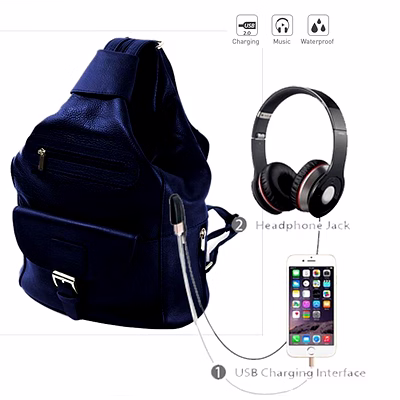 deal especial unisex 2 way use smart blue backpack/shoulder bag with usb and aux ports