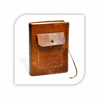brown leather travel journal with pocket