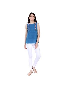 BLUE MANGALAGIRI TOP WITH MULTICOLOURED EMBROIDERY : LB130B-LB130B-S-sm