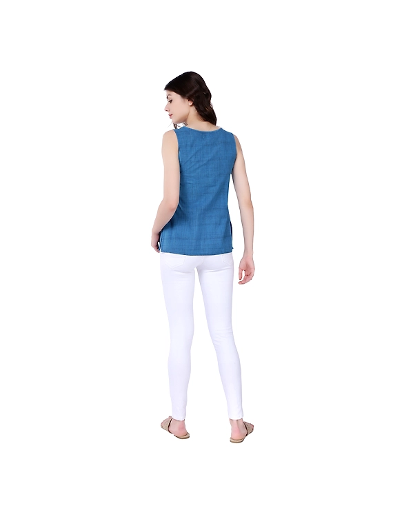 BLUE MANGALAGIRI TOP WITH MULTICOLOURED EMBROIDERY : LB130B-S-1