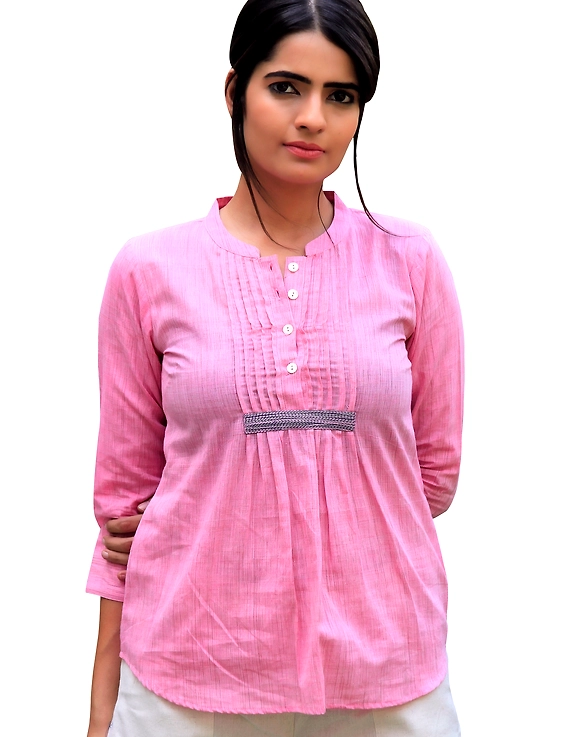 BABY PINK SHORT TOP IN MANGALAGIRI COTTON : LB140A-XL-1