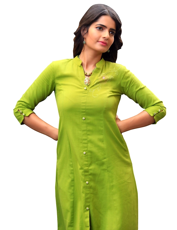 MEHENDI GREEN A LINE DRESS WITH FLORAL EMBROIDERY : LD330B-LD330B-M