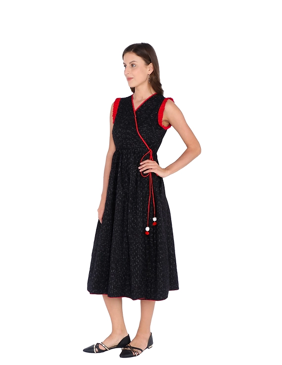 ANGARKHA DRESS IN BLACK IKAT COTTON FABRIC : LD420B-XS-1