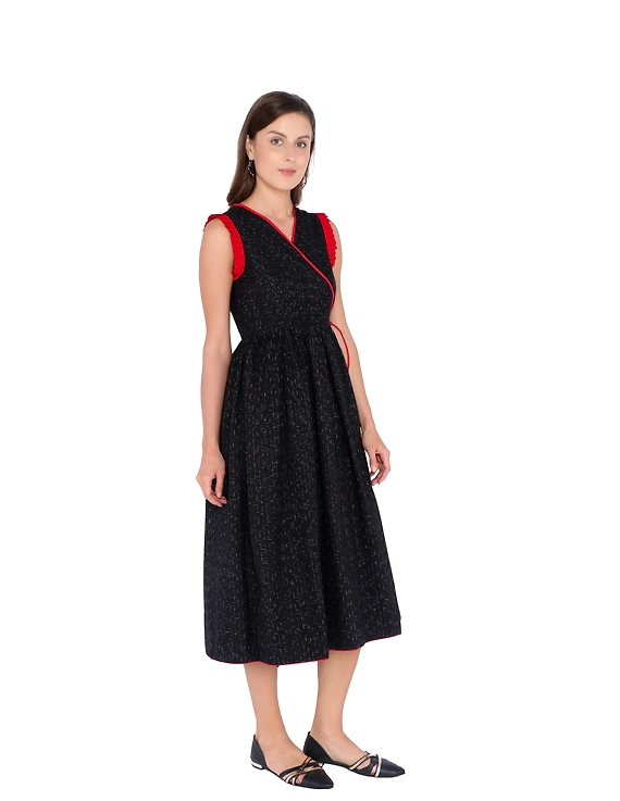 ANGARKHA DRESS IN BLACK IKAT COTTON FABRIC : LD420B-LD420B-S