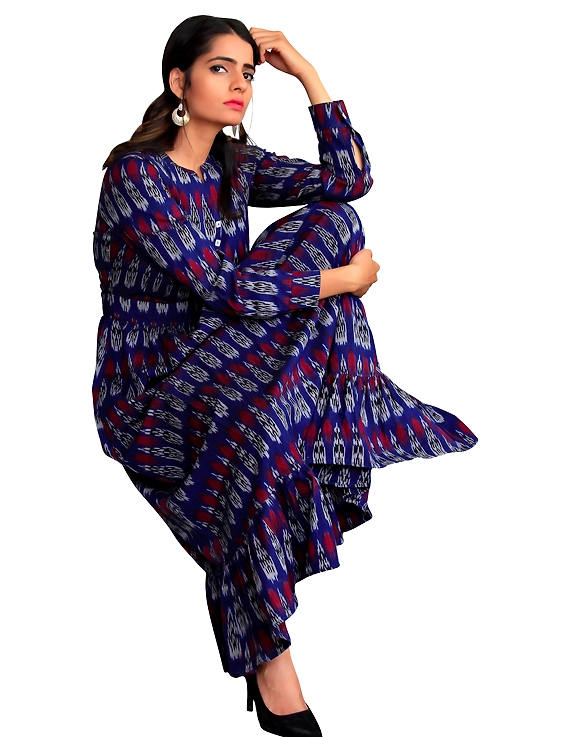 LONG DRESS IN BLUE IKAT COTTON FABRIC WITH TIMELESS FRILLS : LD440A-LD440A-L