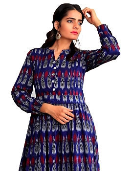 LONG DRESS IN BLUE IKAT COTTON FABRIC WITH TIMELESS FRILLS : LD440A-L-1-sm