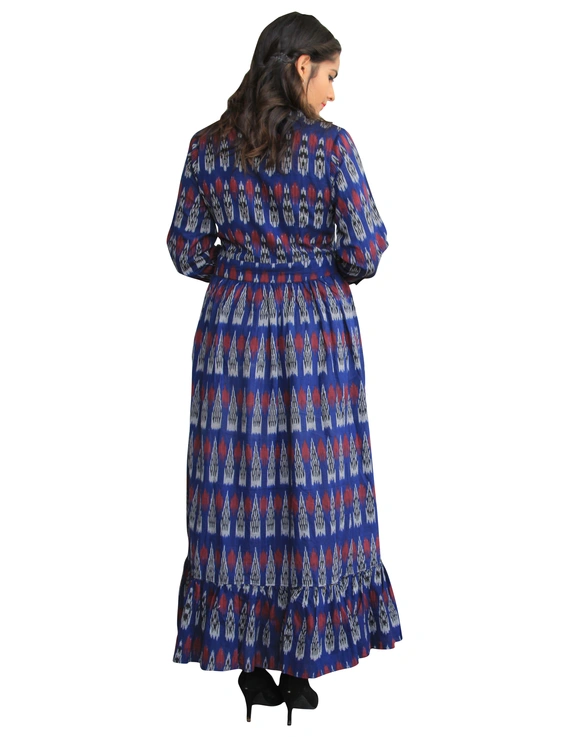 LONG DRESS IN BLUE IKAT COTTON FABRIC WITH TIMELESS FRILLS : LD440A-L-2