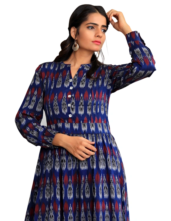 LONG DRESS IN BLUE IKAT COTTON FABRIC WITH TIMELESS FRILLS : LD440A-XXL-1