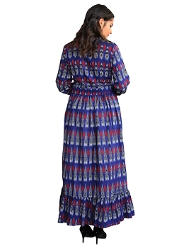 LONG DRESS IN BLUE IKAT COTTON FABRIC WITH TIMELESS FRILLS : LD440A-XXL-2-sm