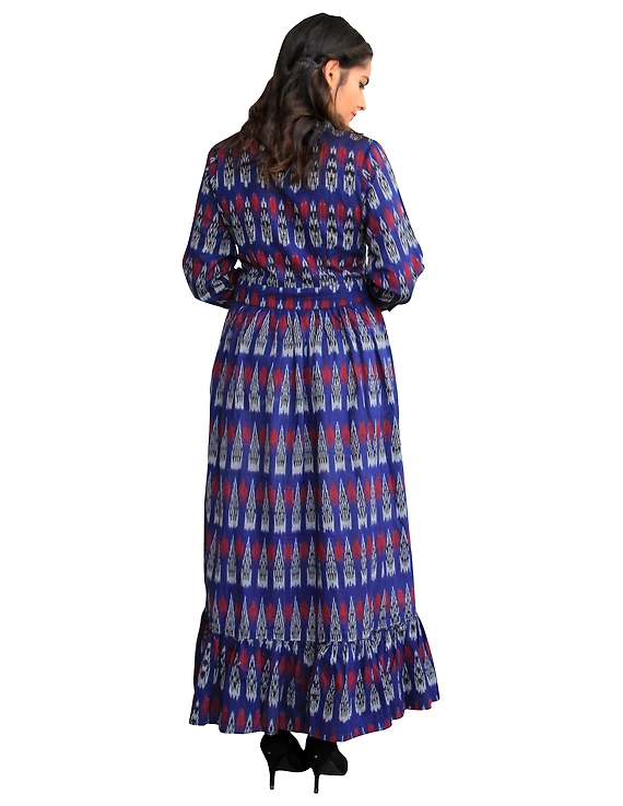 LONG DRESS IN BLUE IKAT COTTON FABRIC WITH TIMELESS FRILLS : LD440A-XXL-2