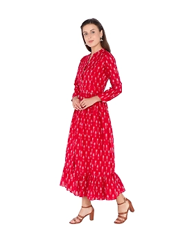 LONG DRESS IN RED SEMI SILK IKAT FABRIC WITH TIMELESS FRILLS : LD440B-S-1-sm