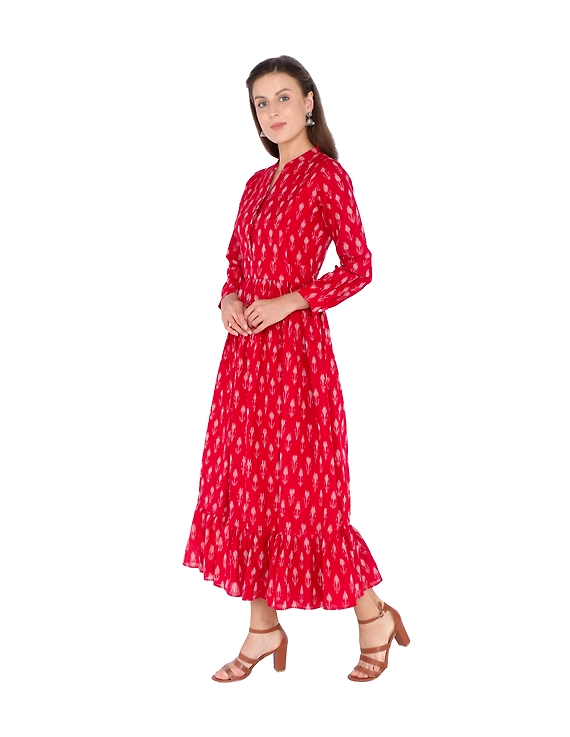 LONG DRESS IN RED SEMI SILK IKAT FABRIC WITH TIMELESS FRILLS : LD440B-S-1