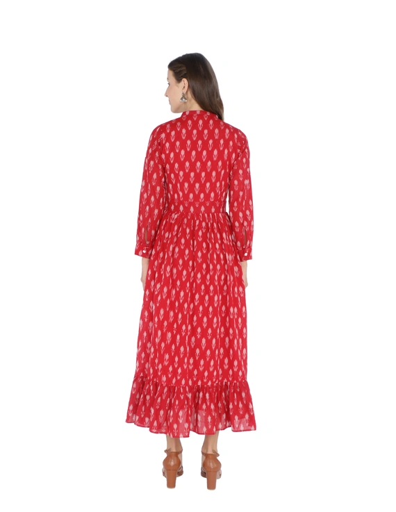 LONG DRESS IN RED SEMI SILK IKAT FABRIC WITH TIMELESS FRILLS : LD440B-S-2