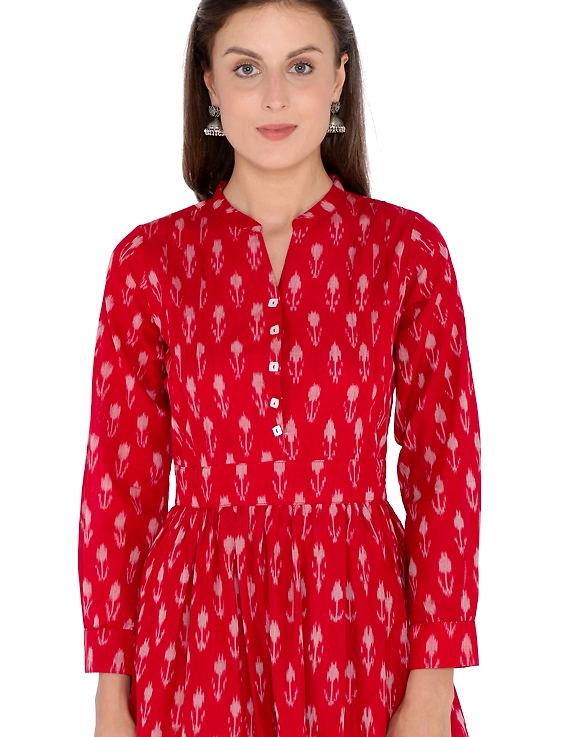 LONG DRESS IN RED SEMI SILK IKAT FABRIC WITH TIMELESS FRILLS : LD440B-LD440B-XXL