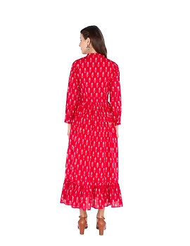 LONG DRESS IN RED SEMI SILK IKAT FABRIC WITH TIMELESS FRILLS : LD440B-XXL-2-sm