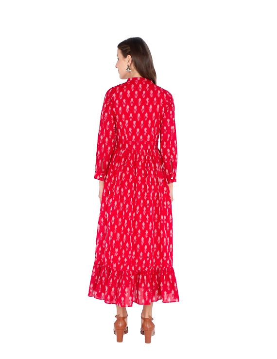 LONG DRESS IN RED SEMI SILK IKAT FABRIC WITH TIMELESS FRILLS : LD440B-XXL-2