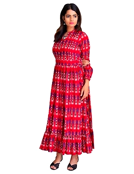 LONG DRESS IN RED IKAT COTTON FABRIC WITH TIMELESS FRILLS : LD440C-LD440C-XXL-sm
