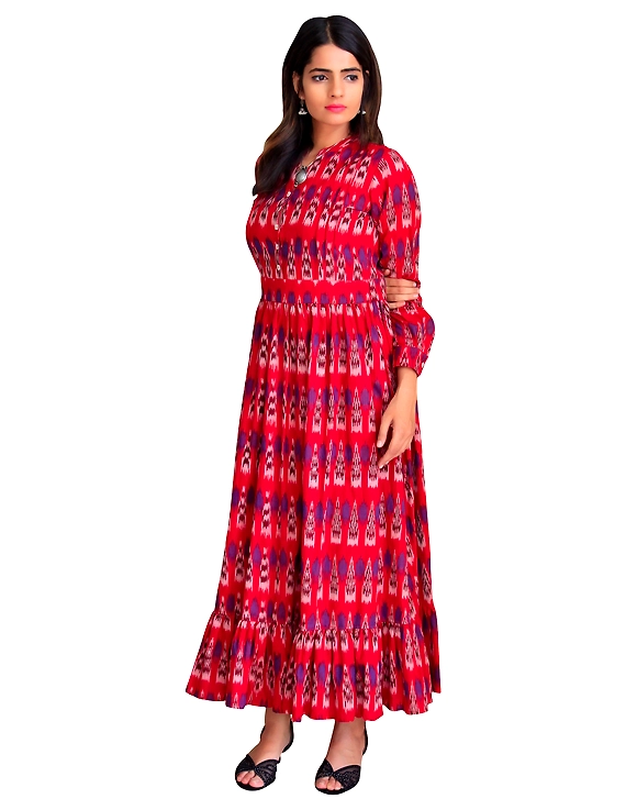 LONG DRESS IN RED IKAT COTTON FABRIC WITH TIMELESS FRILLS : LD440C-LD440C-XXL