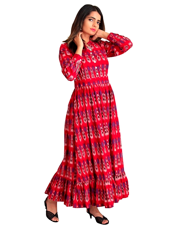 LONG DRESS IN RED IKAT COTTON FABRIC WITH TIMELESS FRILLS : LD440C-XXL-1